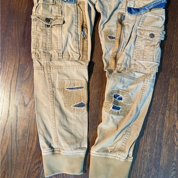 Heritage America Tan Denim Distressed/Patches Cargo Pants, Ribbed Cuffs, 32”x31” - Picture 5 of 9